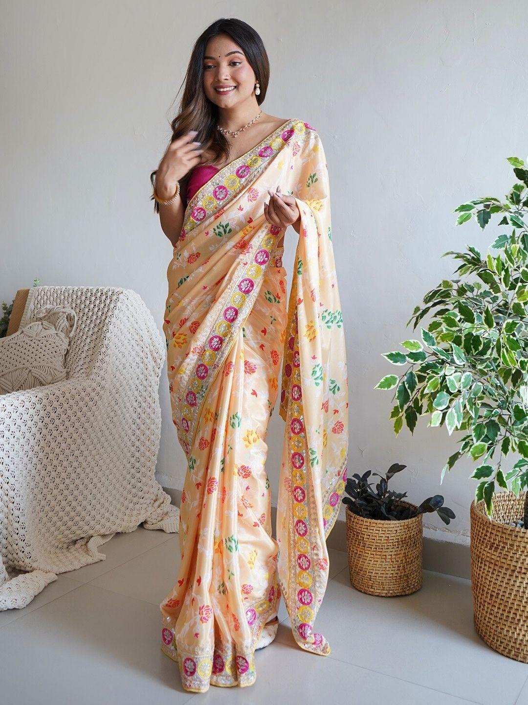 anouk mustard & pink floral printed sequinned saree