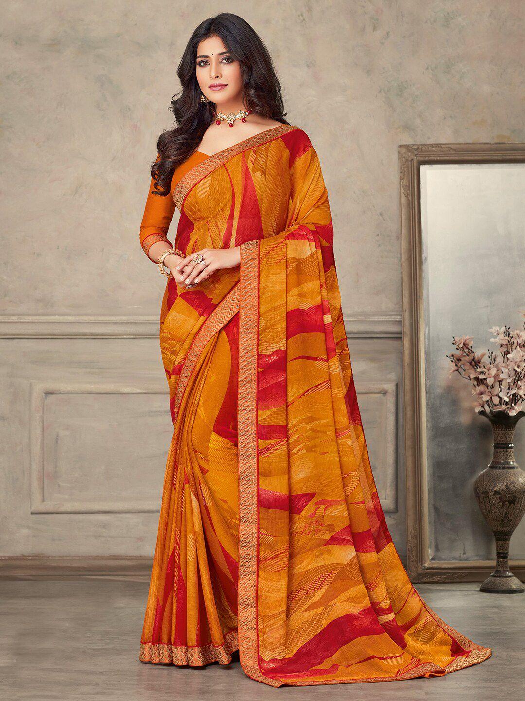 anouk mustard & red abstract printed zari pure chiffon saree