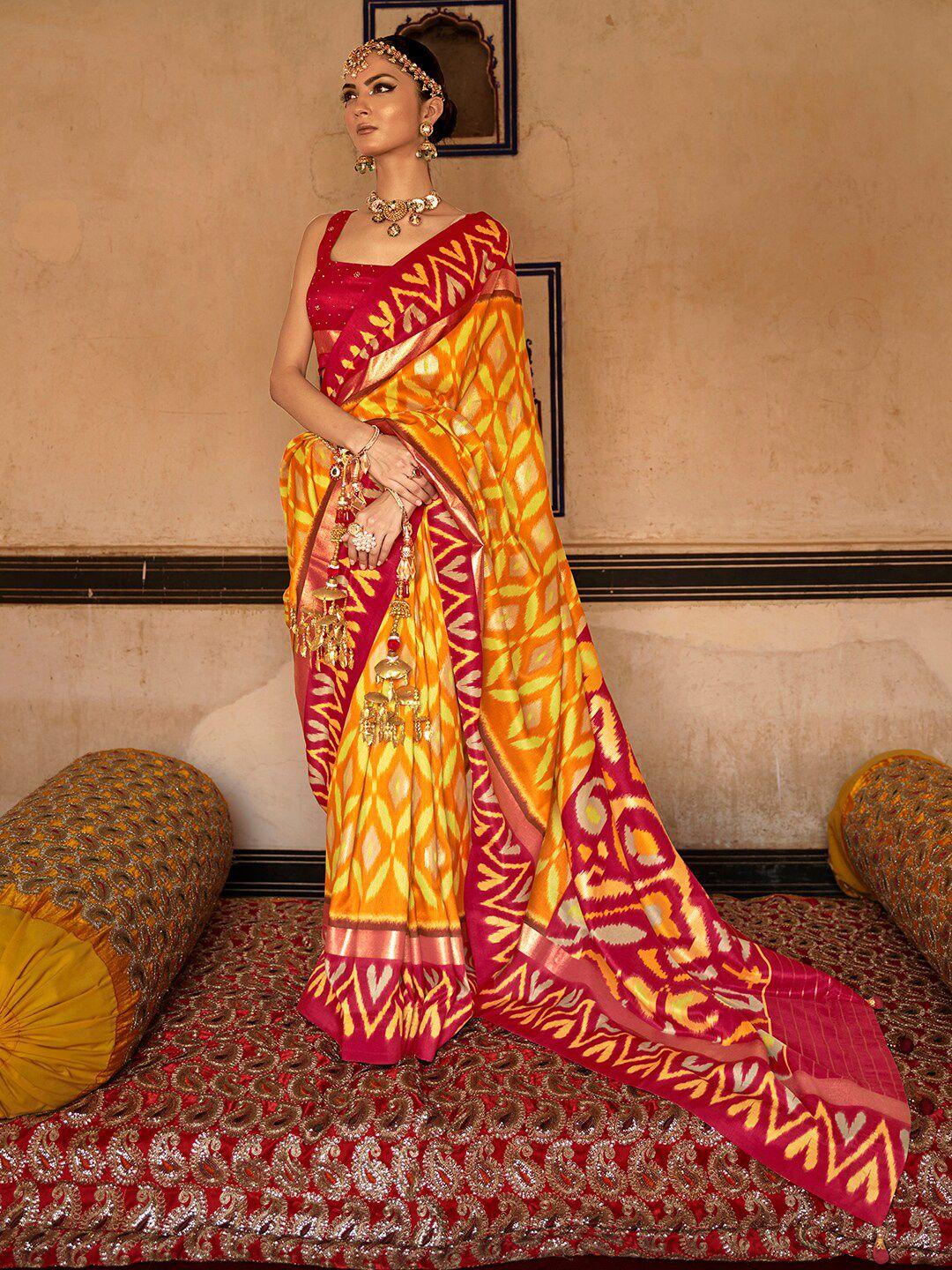 anouk mustard & red ethnic motifs printed ikat saree