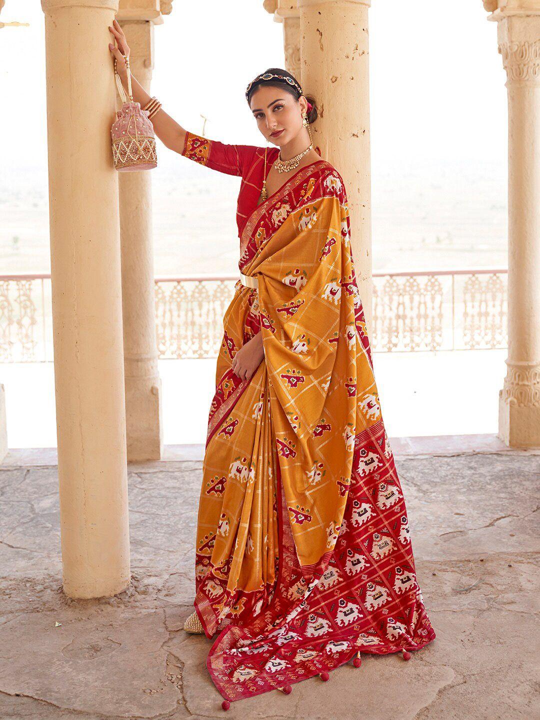 anouk mustard & red ethnic motifs zari silk blend patola saree