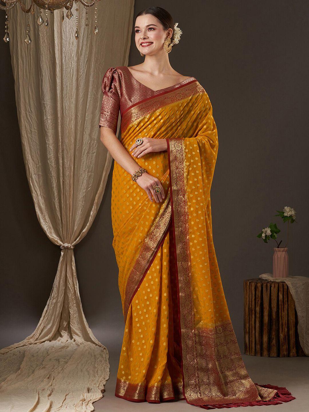 anouk mustard & red woven design zari pure georgette kanjeevaram saree