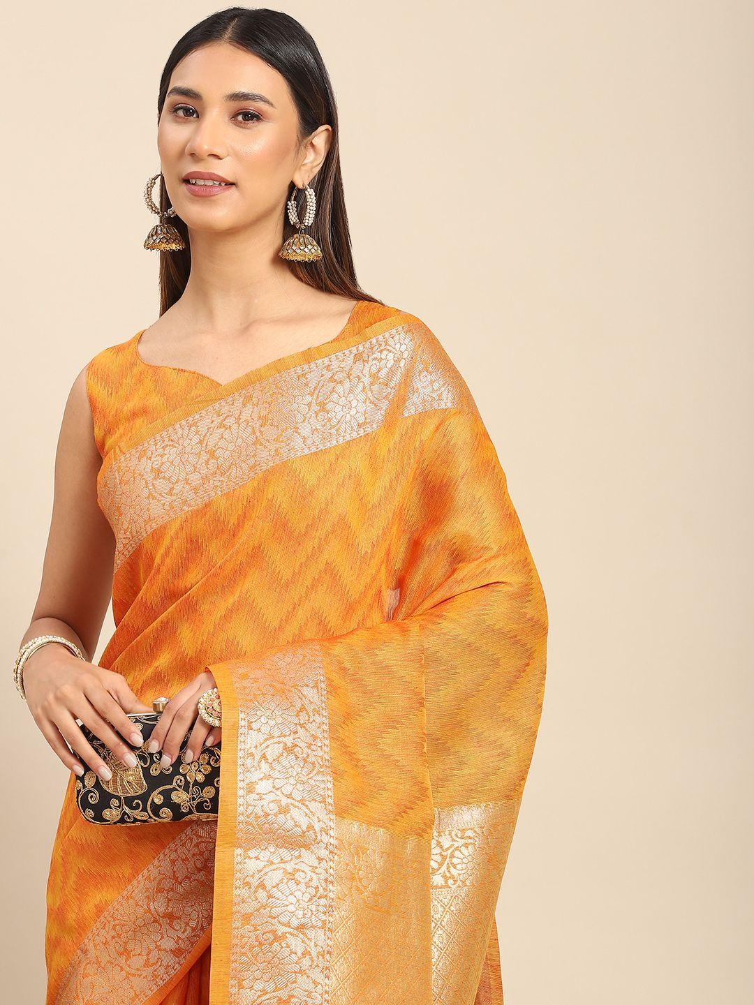 anouk mustard & silver-toned woven design banarasi saree