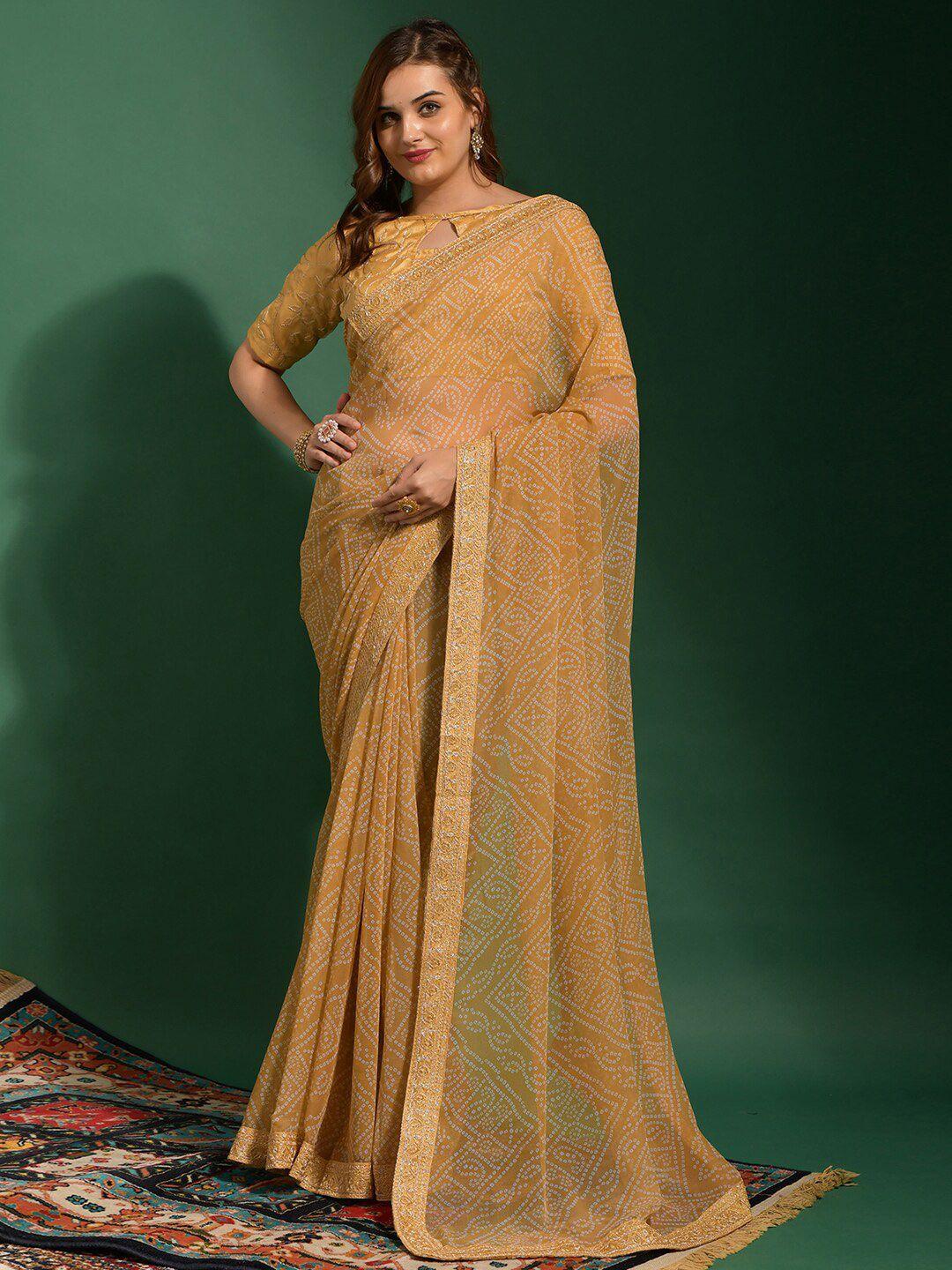 anouk mustard & white bandhani printed sequinned pure georgette bandhani saree