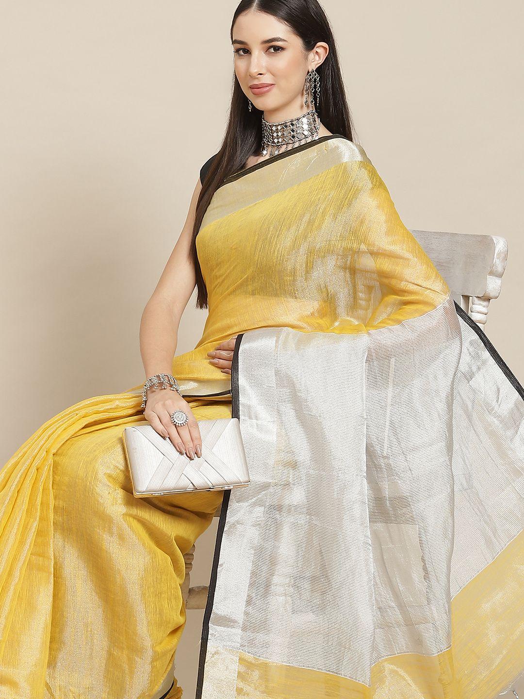 anouk mustard & white linen blend saree