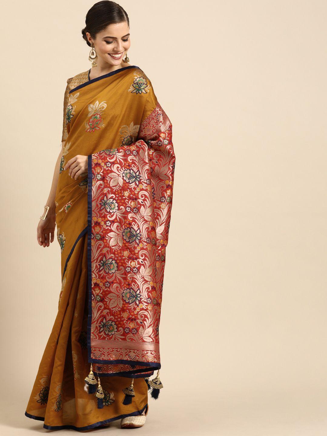 anouk mustard woven design silk blend saree