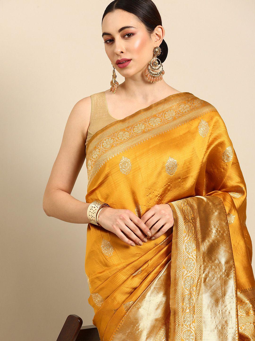 anouk mustard woven design zari silk blend banarasi saree