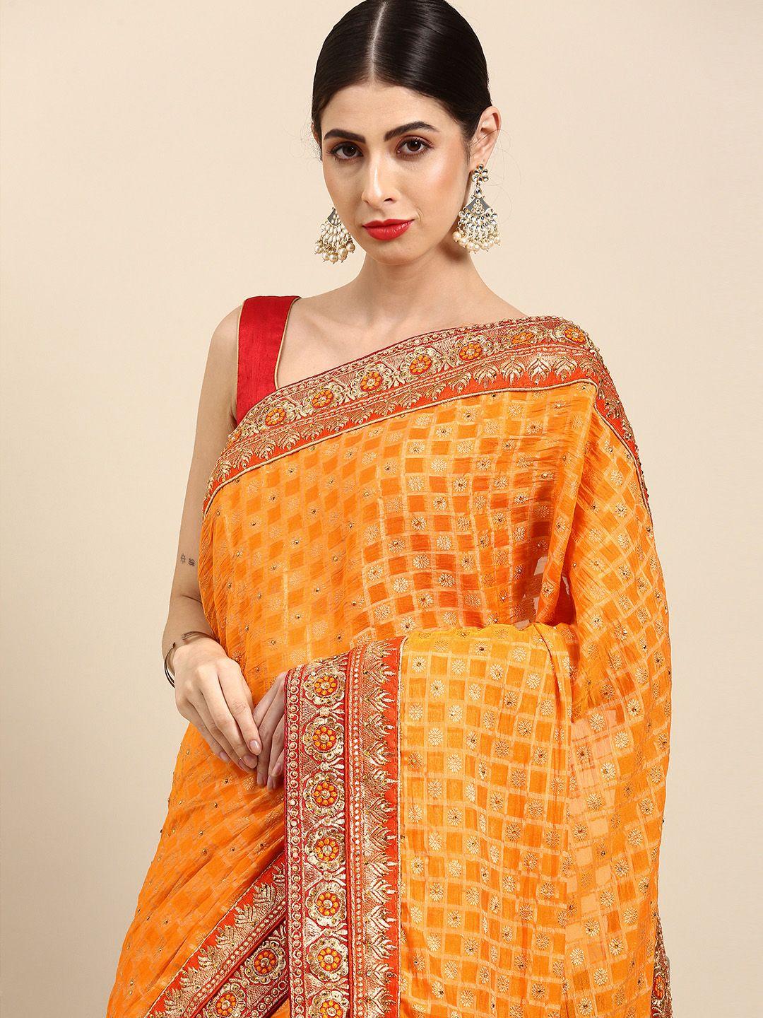 anouk mustard yellow & golden ethnic motifs embroidered beads and stones saree