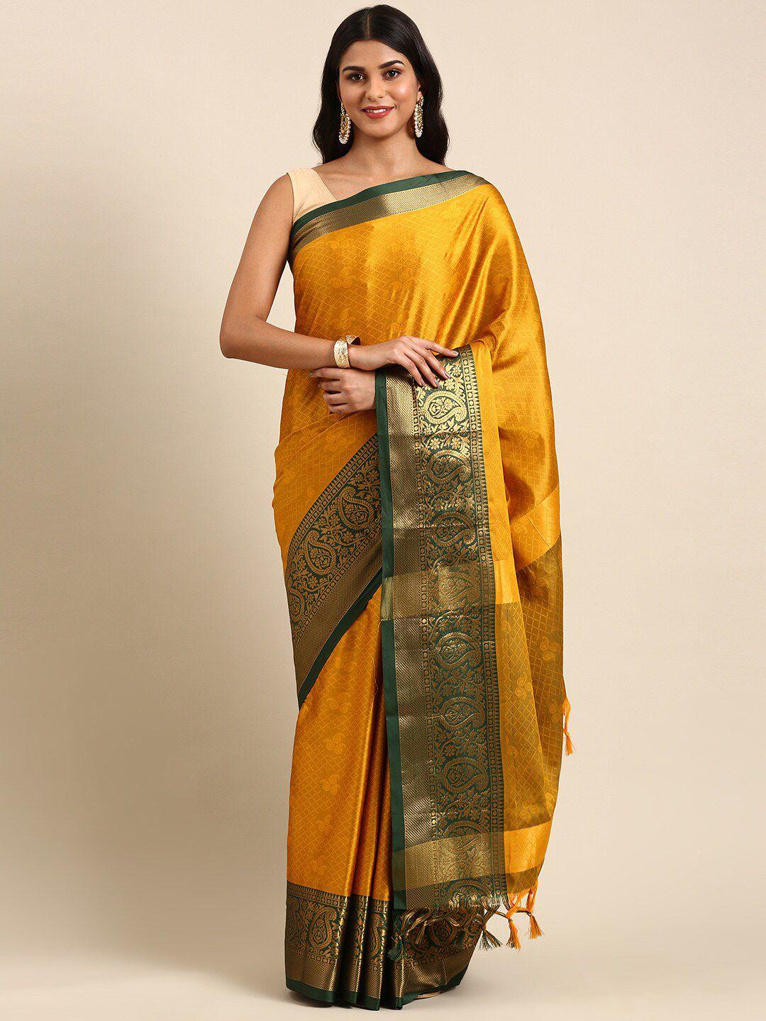 anouk mustard yellow & green paisley woven design zari kanjeevaram saree