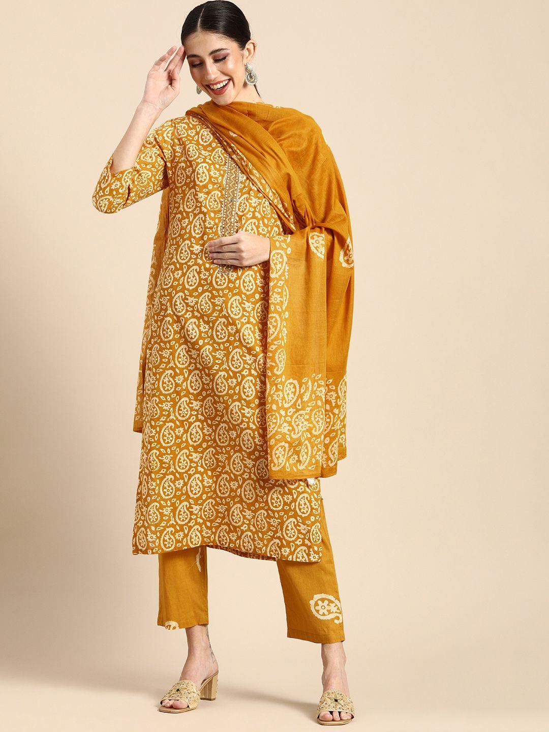 anouk mustard yellow & off white paisley mirror cotton straight kurta trousers dupatta