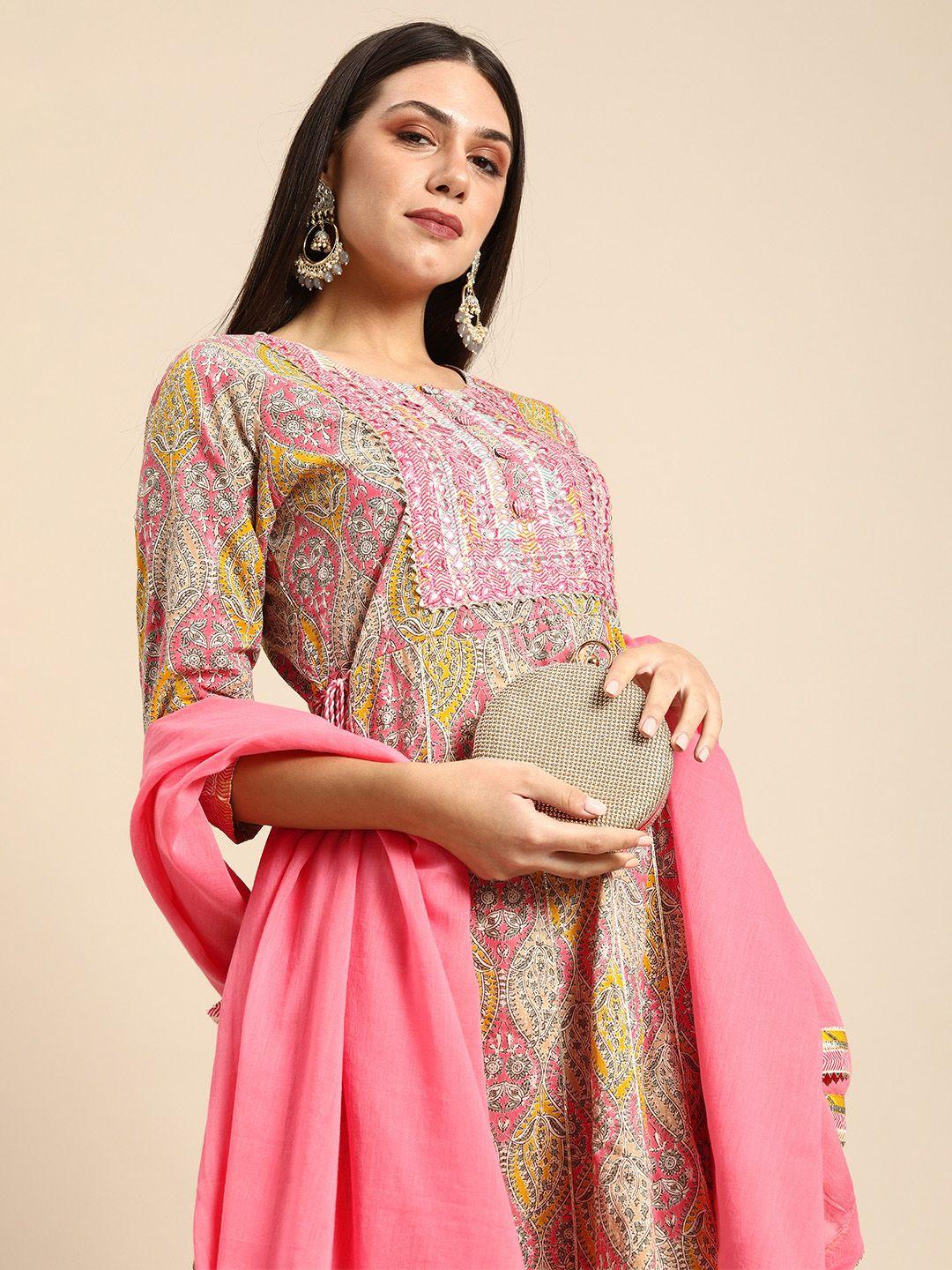 anouk mustard yellow & pink ethnic print mirror work cotton a-line kurta trousers dupatta