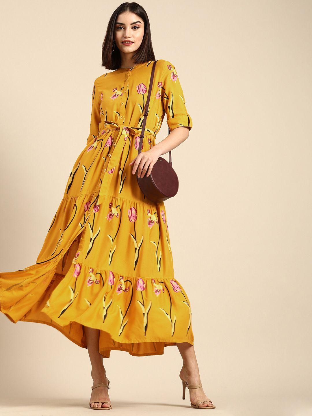 anouk mustard yellow & pink floral ethnic tiered maxi dress