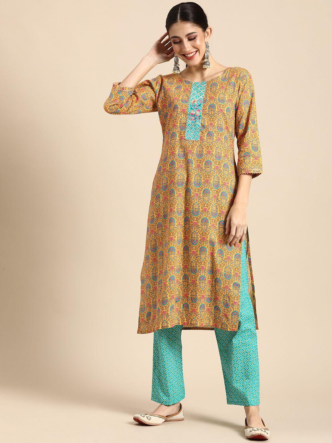 anouk mustard yellow & pink floral printed thread work cotton straight kurta trousers
