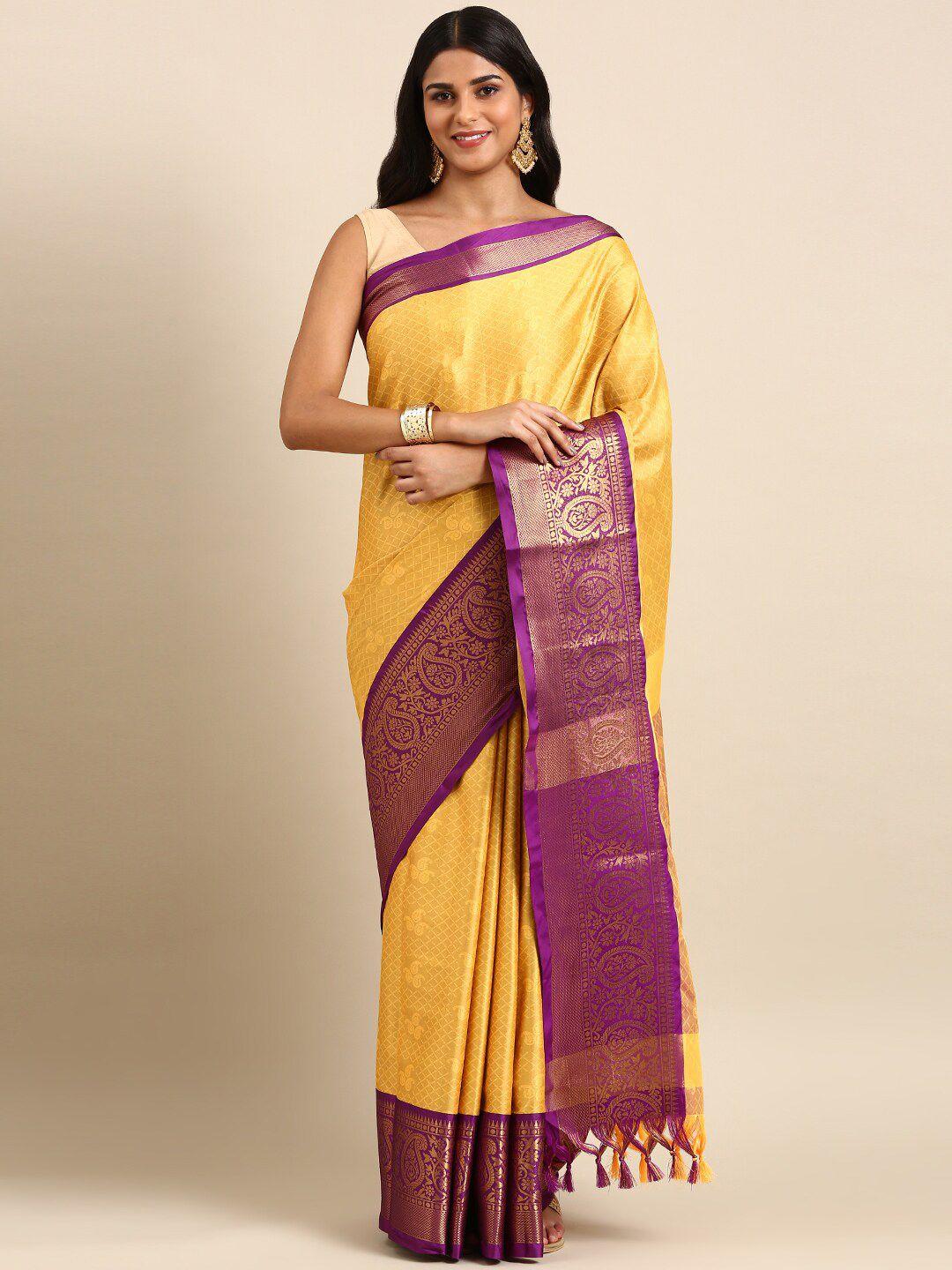 anouk mustard yellow & purple paisley woven design zari kanjeevaram saree