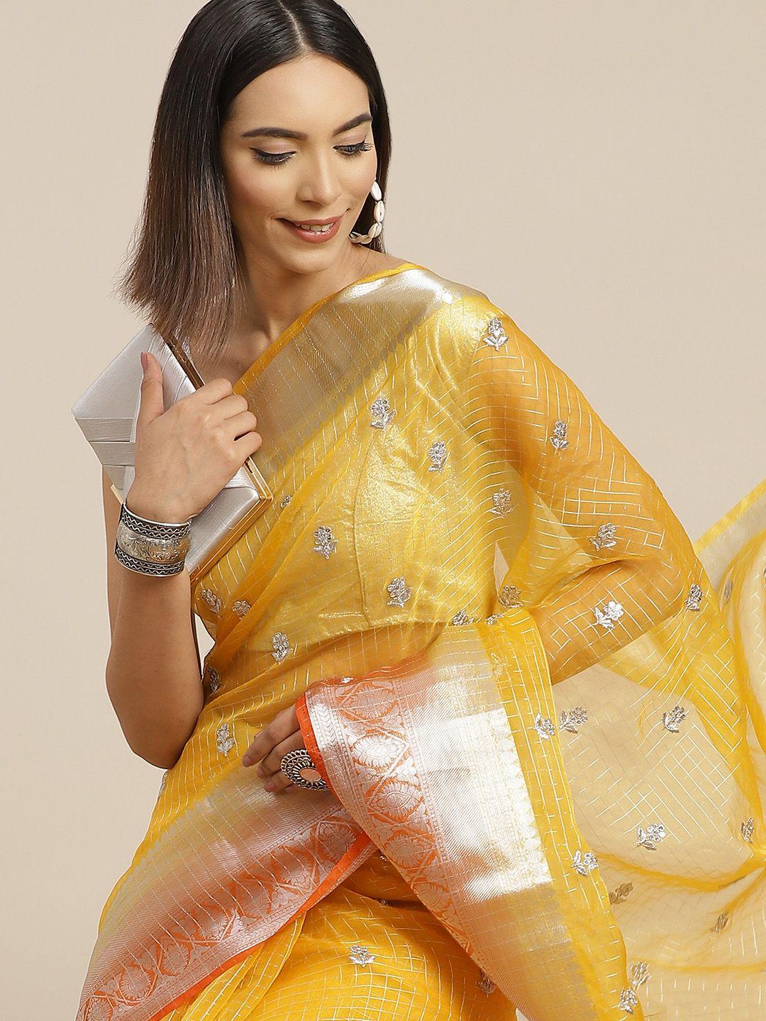 anouk mustard yellow & silver checked embroidered organza saree