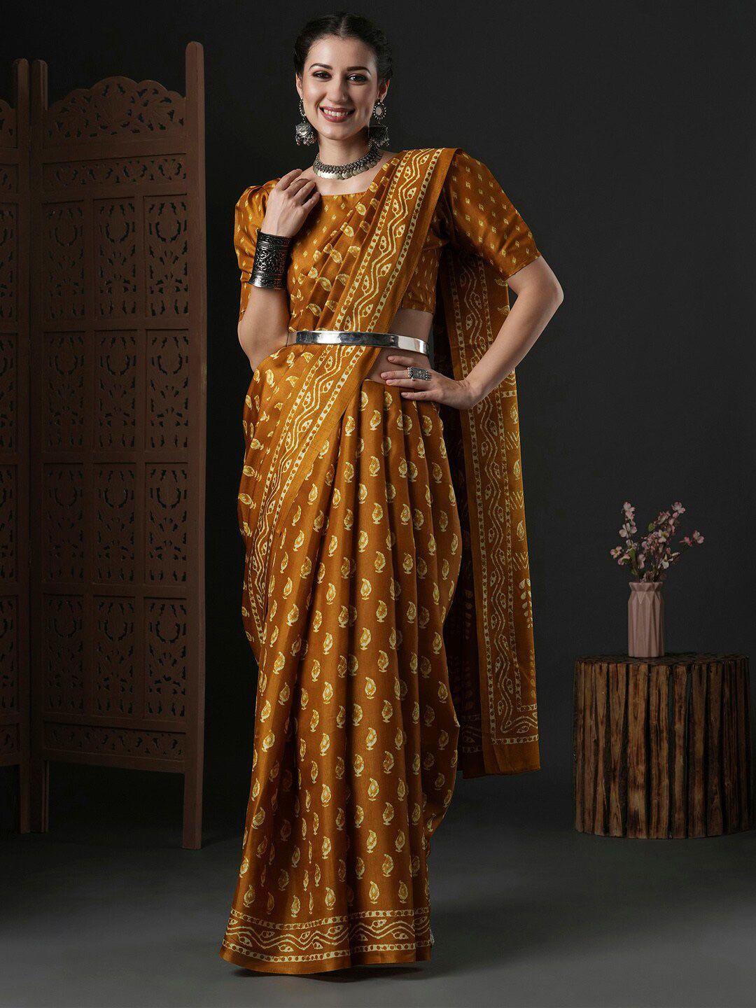 anouk mustard yellow & white ethnic motifs printed dabu saree