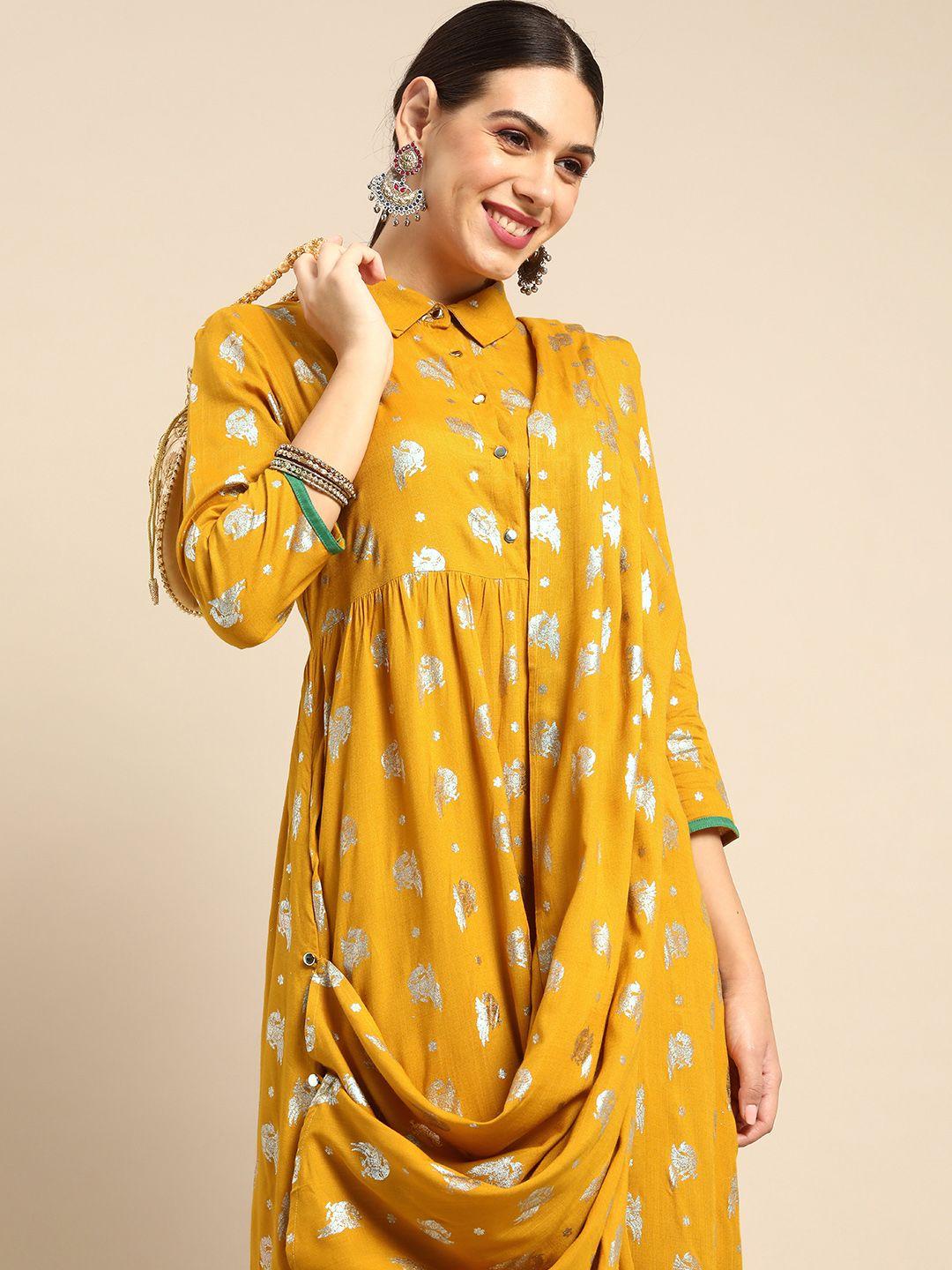 anouk mustard yellow ethnic motifs a-line dress