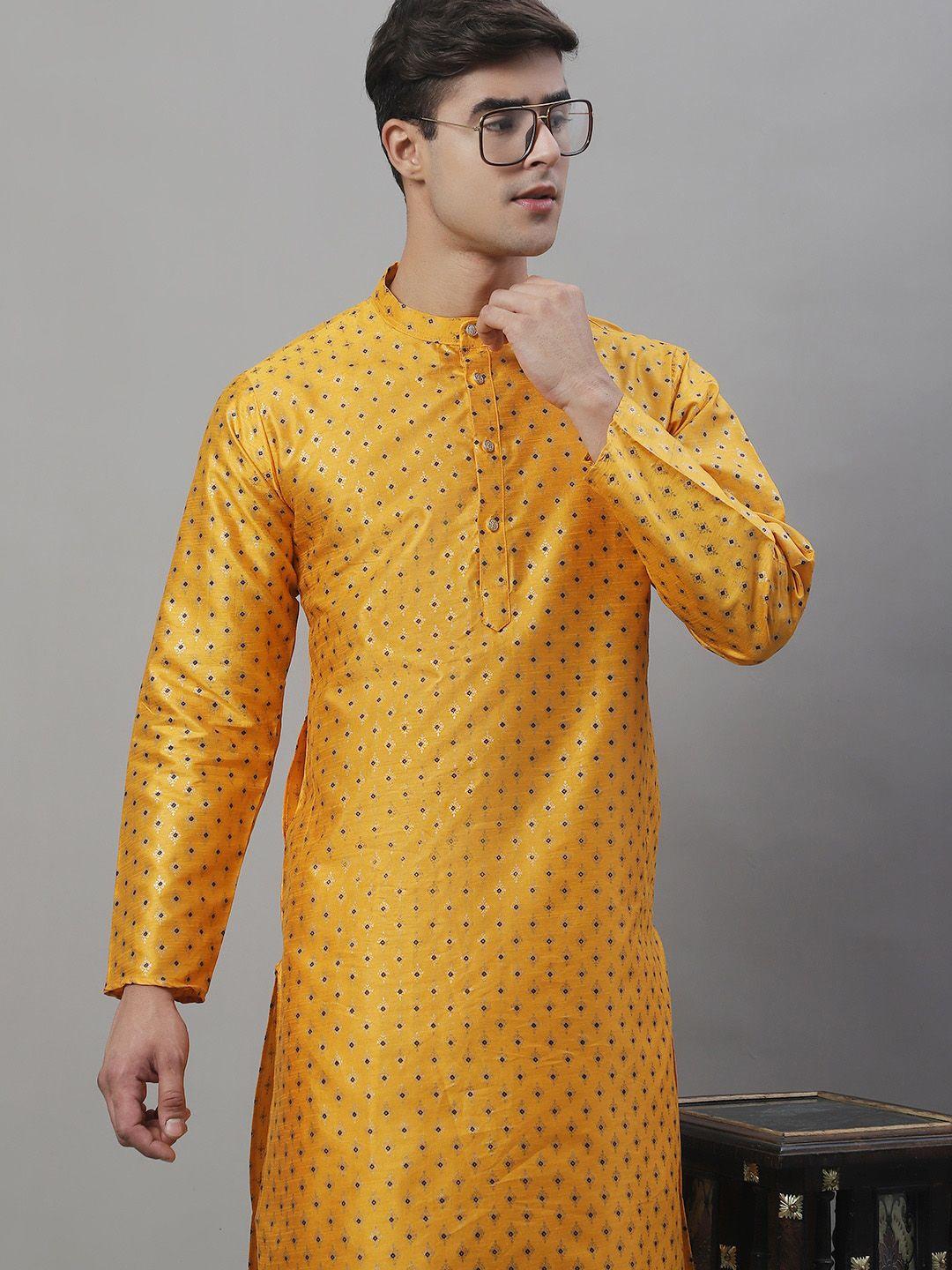 anouk mustard yellow ethnic motifs printed band collar cotton silk kurta