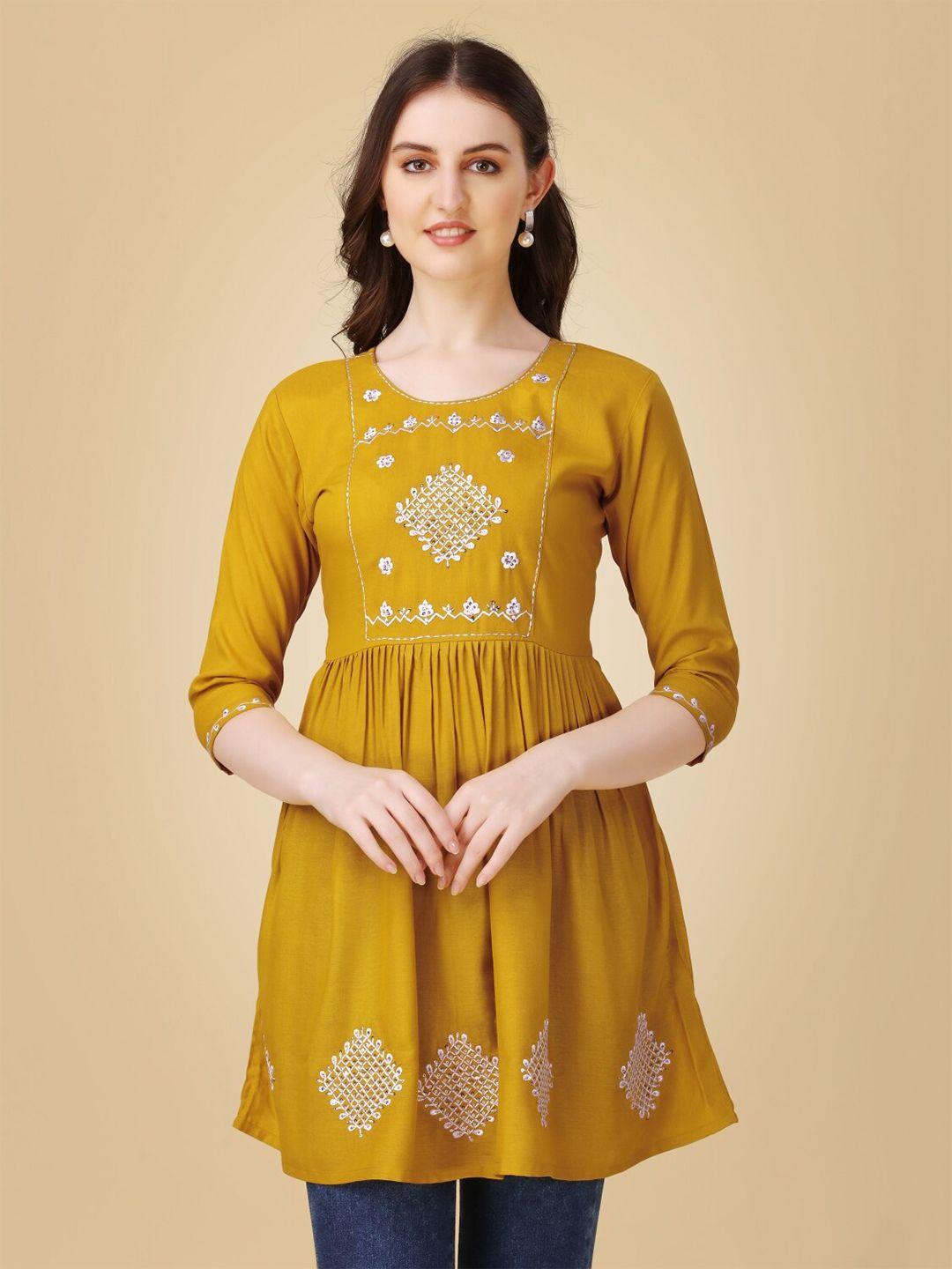 anouk mustard yellow floral embroidered round neck thread work a-line kurti