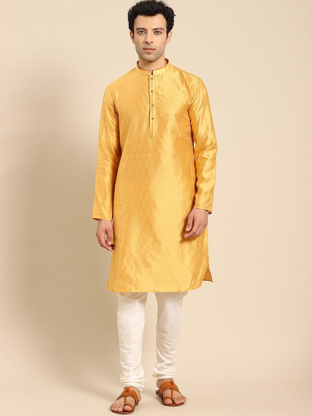 anouk mustard yellow woven design mandarin collar regular kurta with churidar