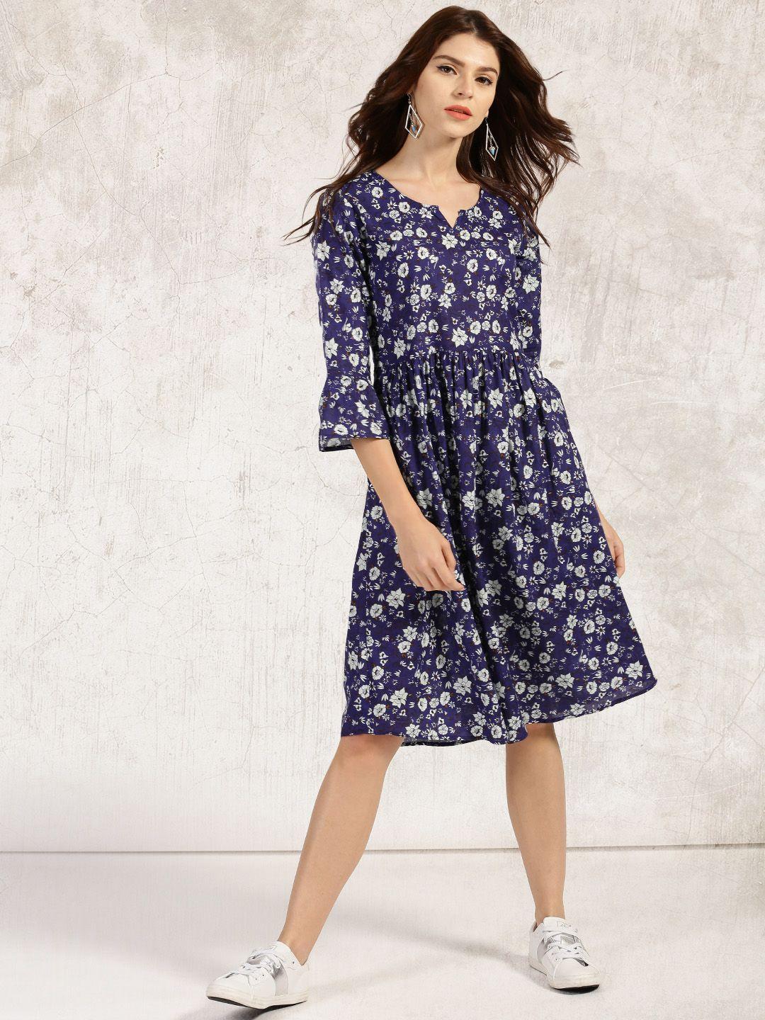 anouk navy & white floral printed pure cotton kurta dress