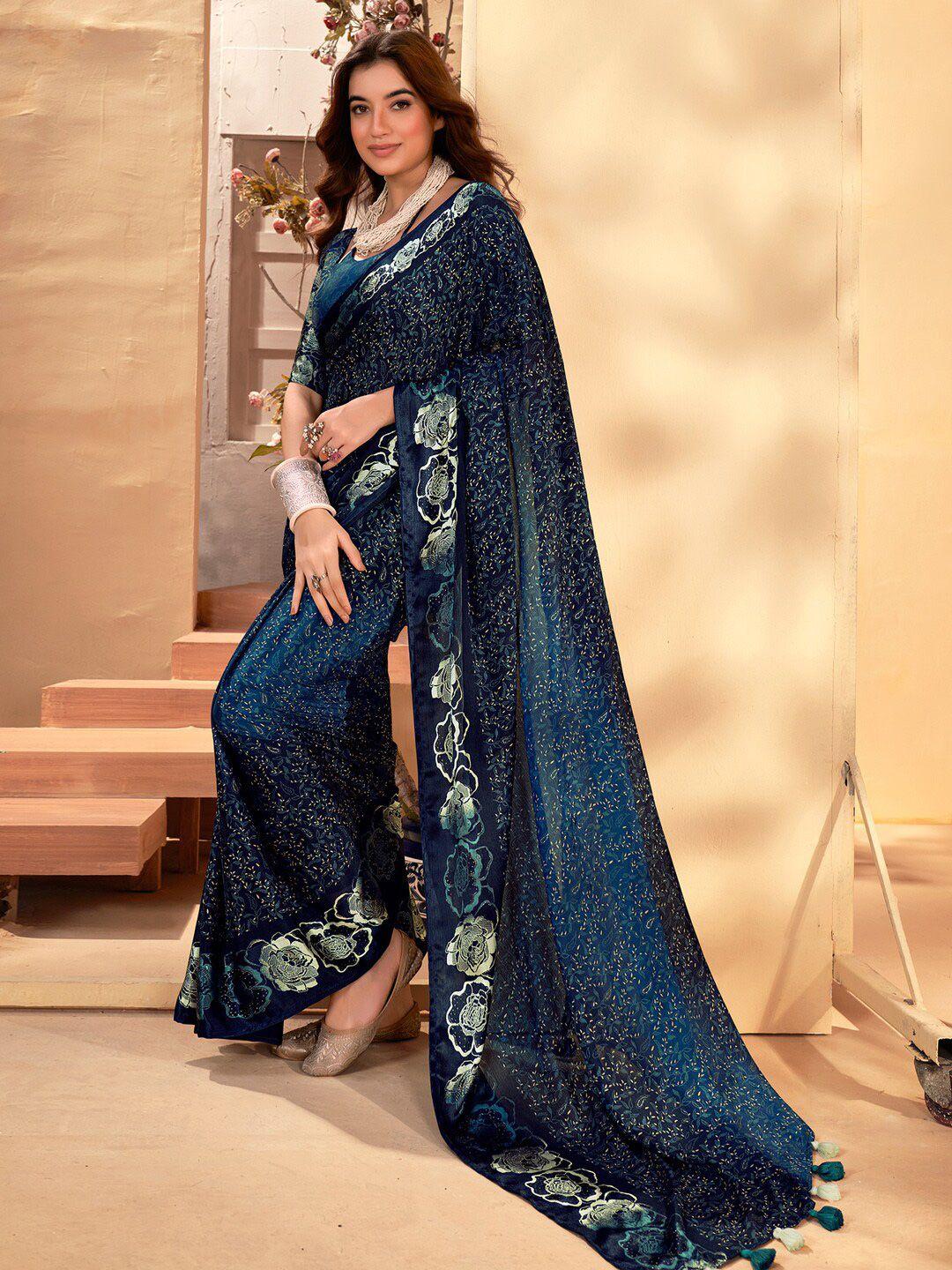 anouk navy blue & cream-coloured floral printed bagh saree