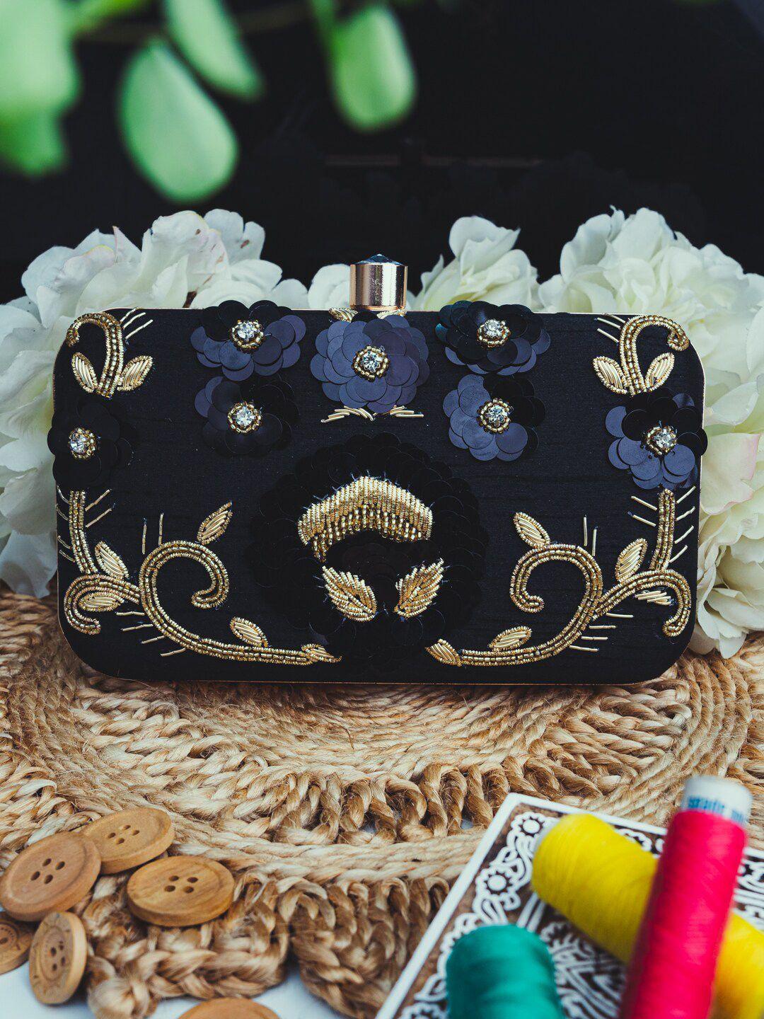 anouk navy blue & gold-toned embellished box clutch