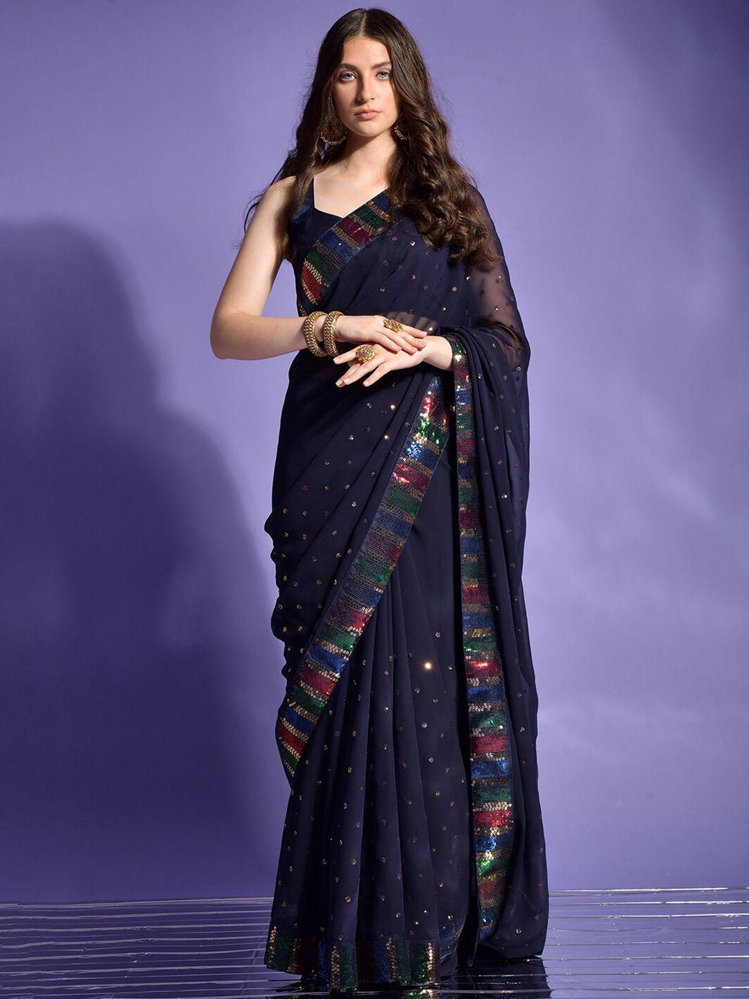 anouk navy blue & gold-toned floral sequinned pure georgette saree