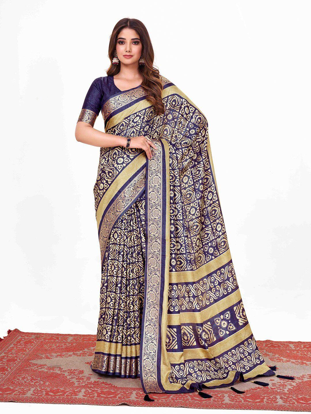 anouk navy blue & green ethnic motifs printed zari saree