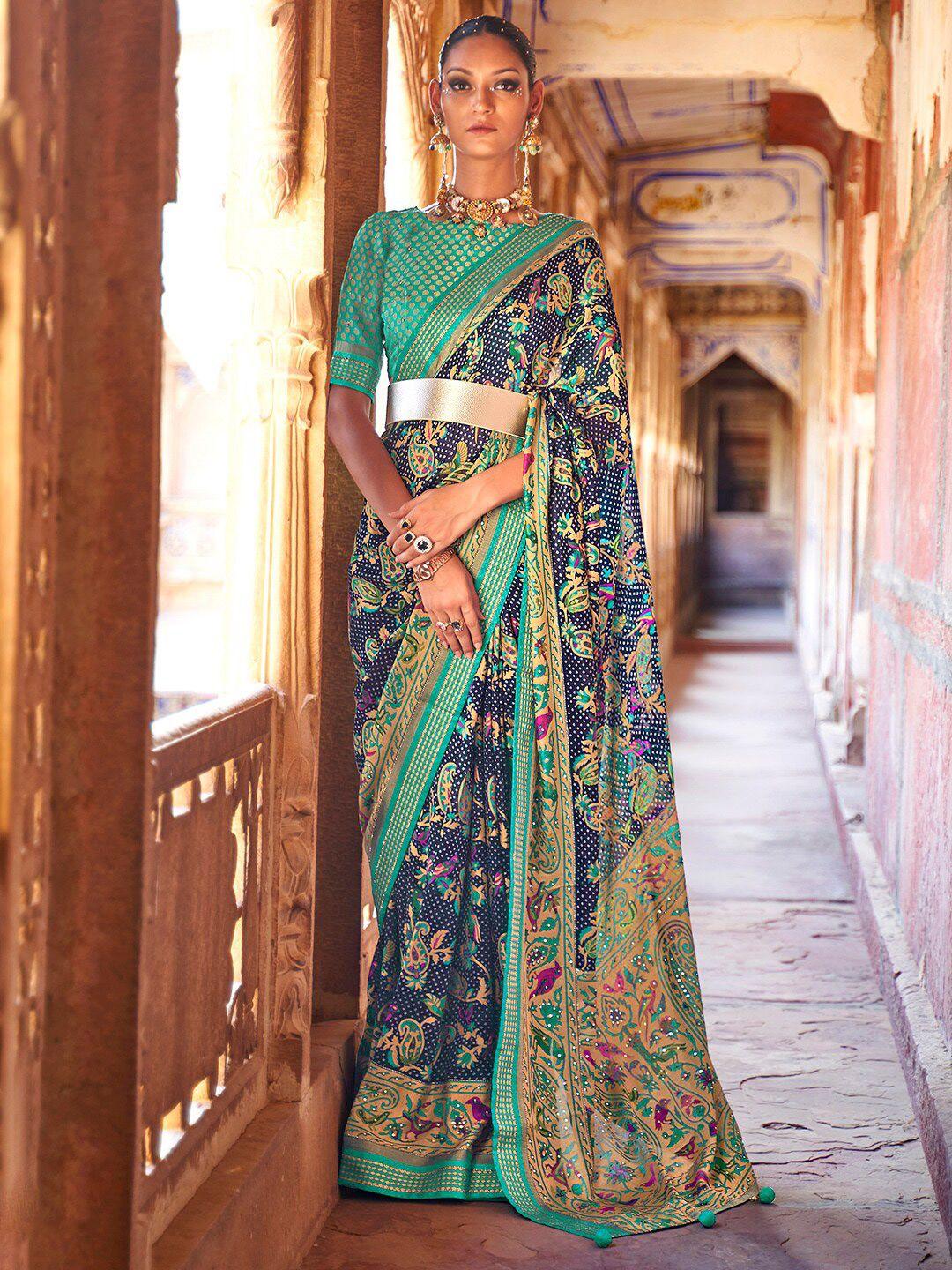 anouk navy blue & green ethnic motifs pure georgette bandhani saree