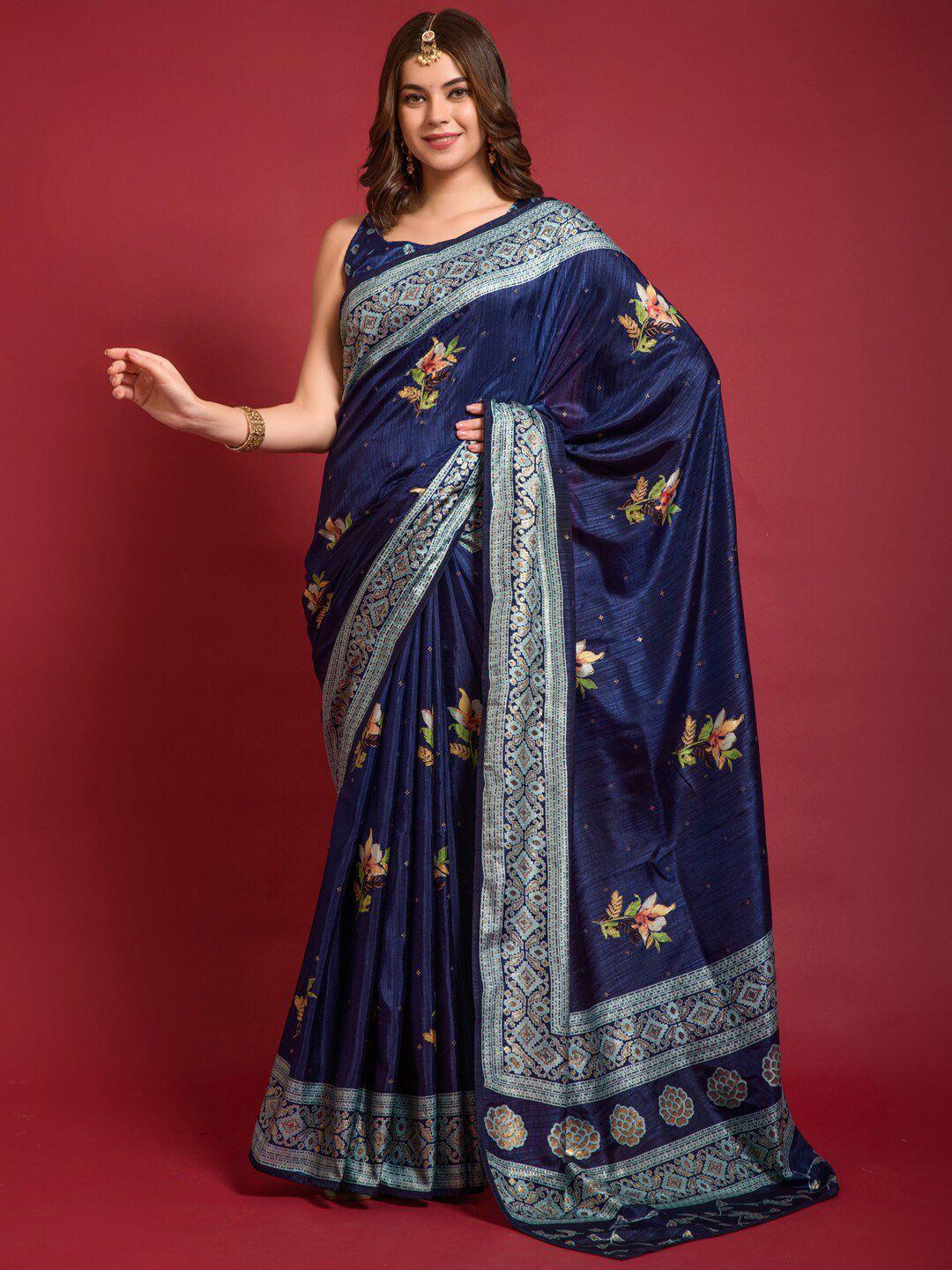 anouk navy blue & green floral printed zari bagru saree