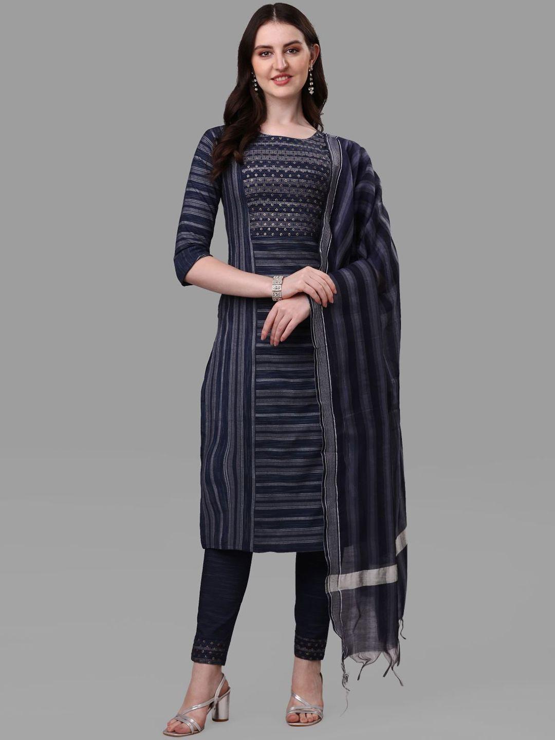 anouk navy blue & grey striped pure cotton kurta with trousers & dupatta