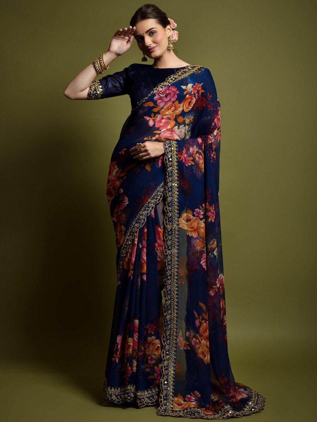 anouk navy blue & pink floral printed embroidered saree