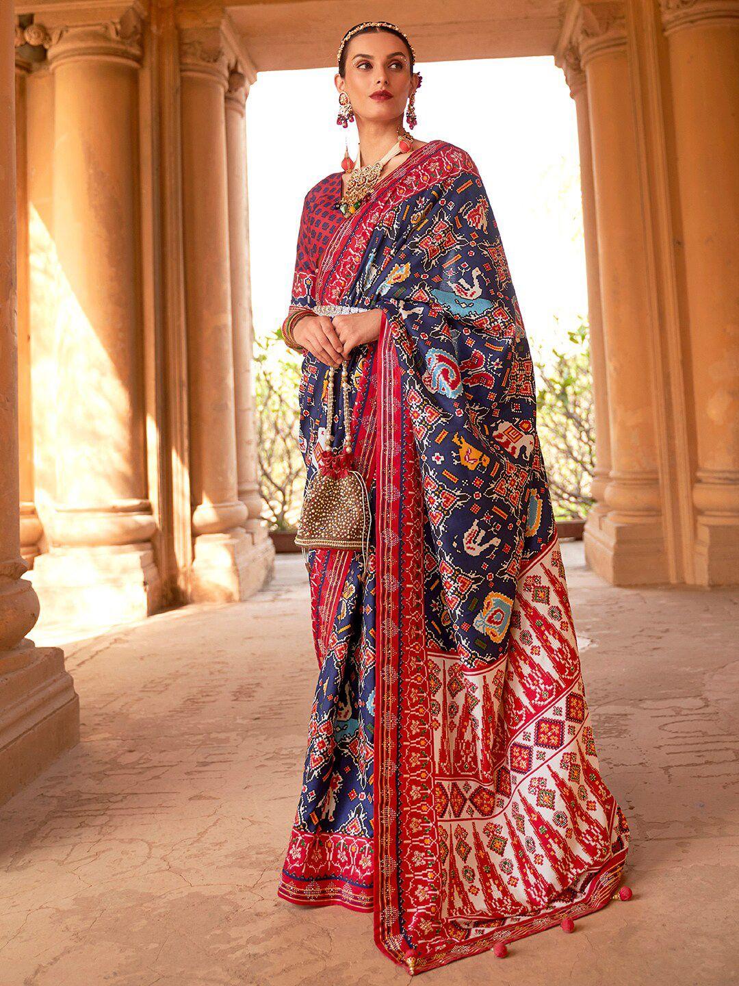 anouk navy blue & red ethnic motifs beads and stones silk blend patola saree