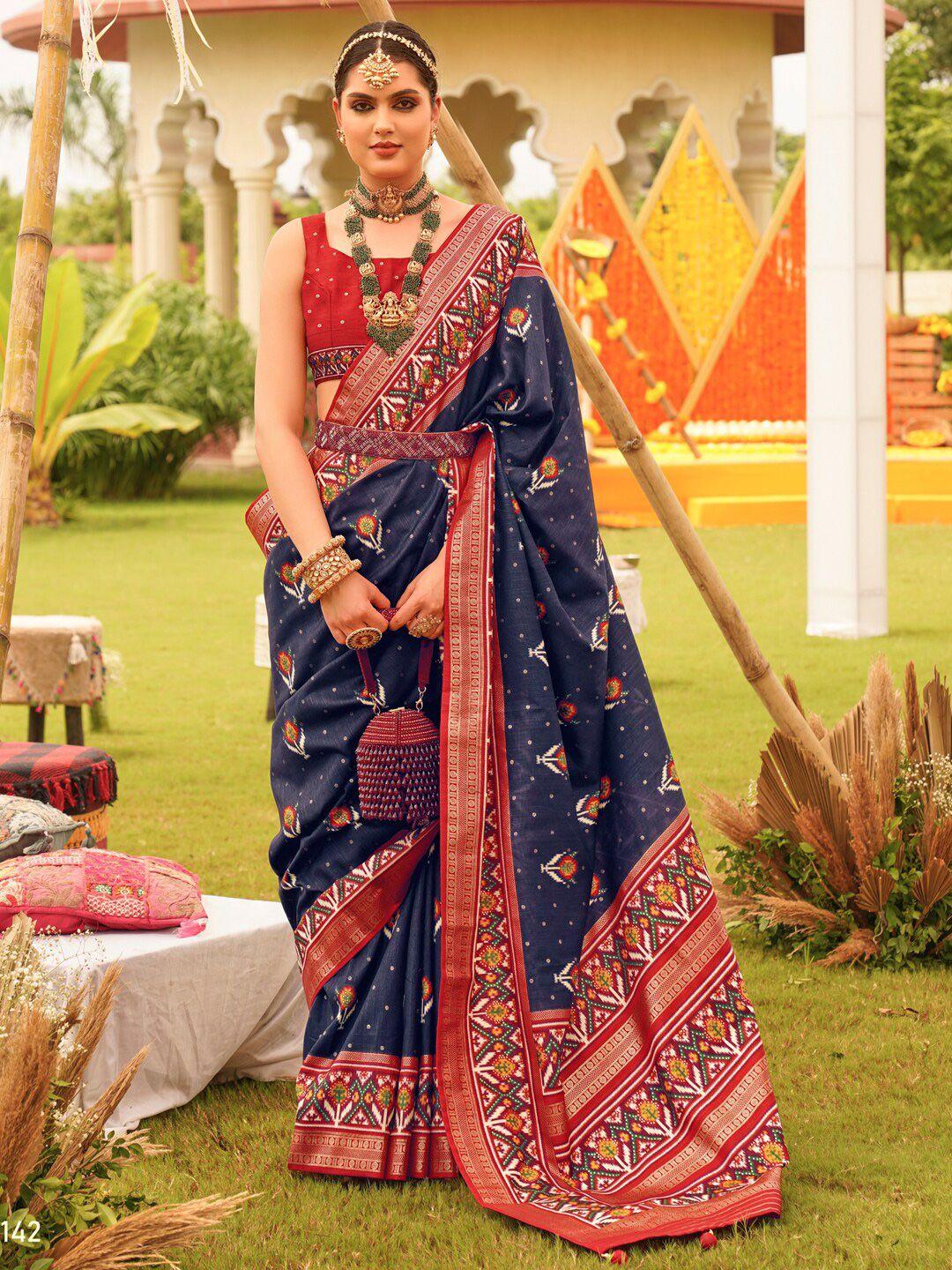 anouk navy blue & red ethnic motifs silk blend designer patola saree