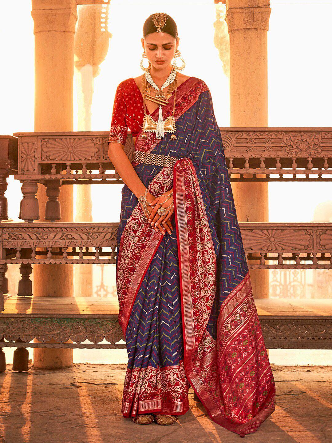 anouk navy blue & red ethnic woven design zari patola saree