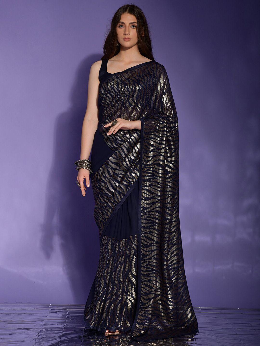 anouk navy blue & silver-toned embellished sequinned pure georgette saree