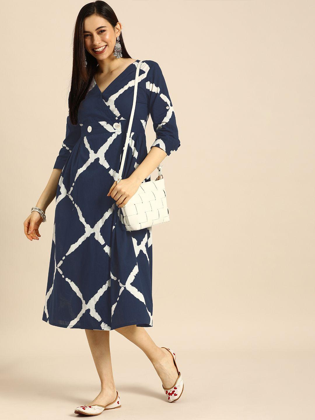 anouk navy blue & white ethnic a-line midi dress