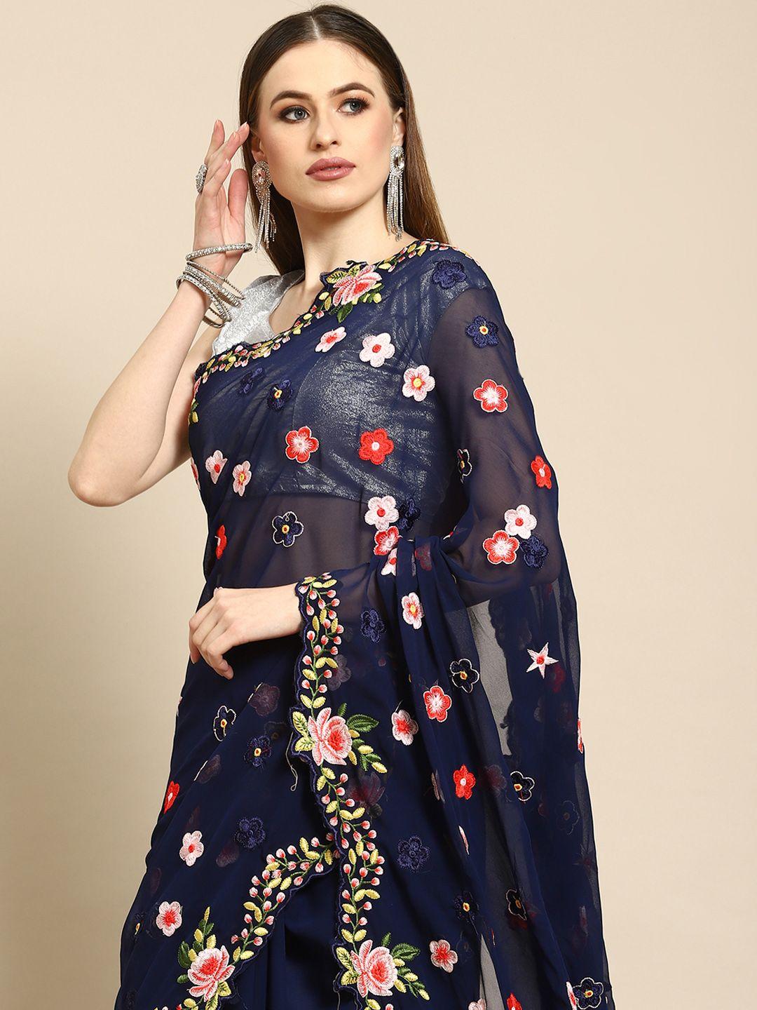 anouk navy blue & white floral poly georgette saree