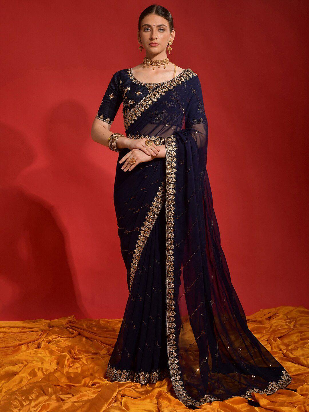 anouk navy blue embellished sequinned pure georgette saree