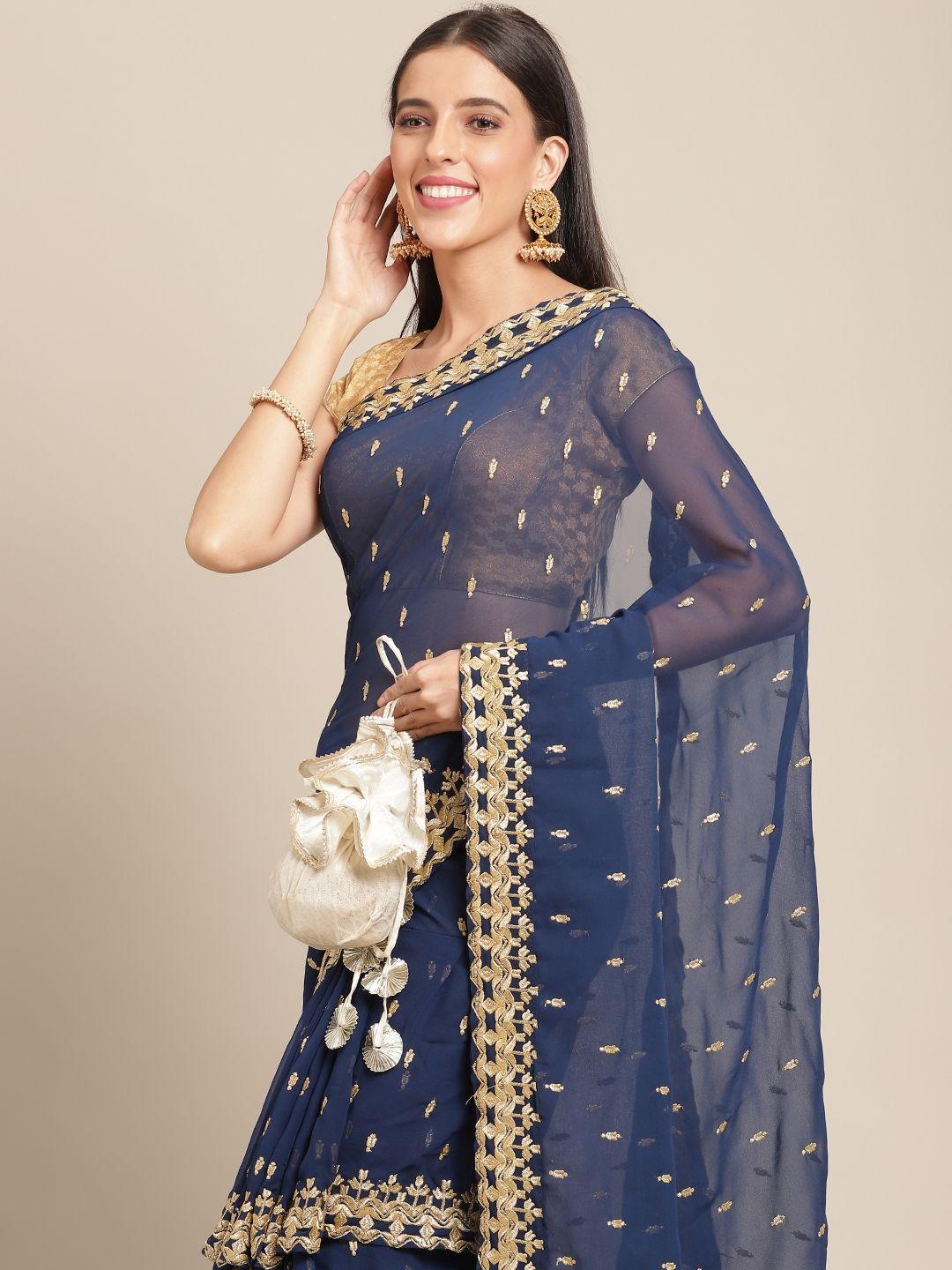 anouk navy blue ethnic motifs embroidered layered saree