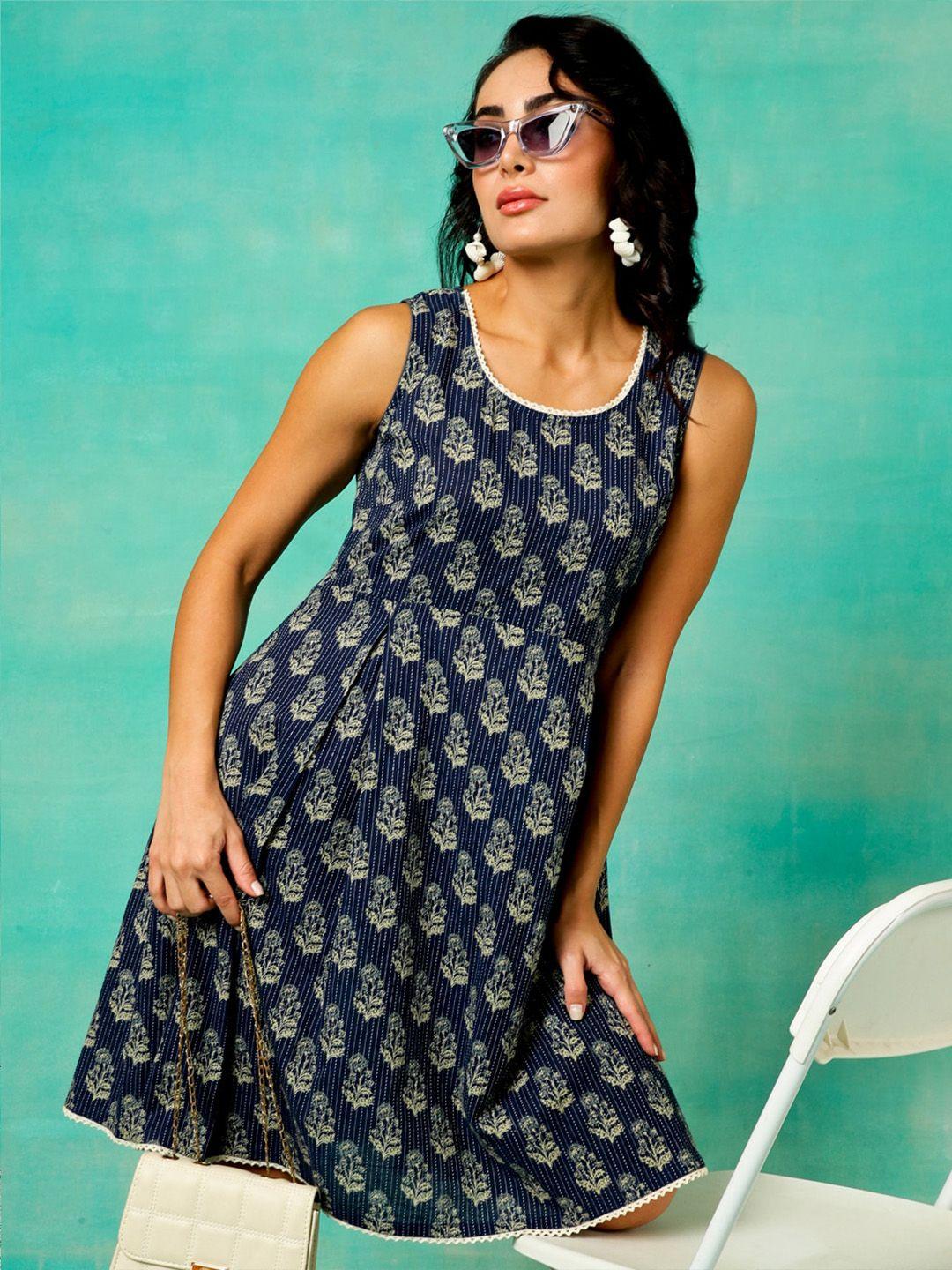 anouk navy blue ethnic motifs print a-line dress