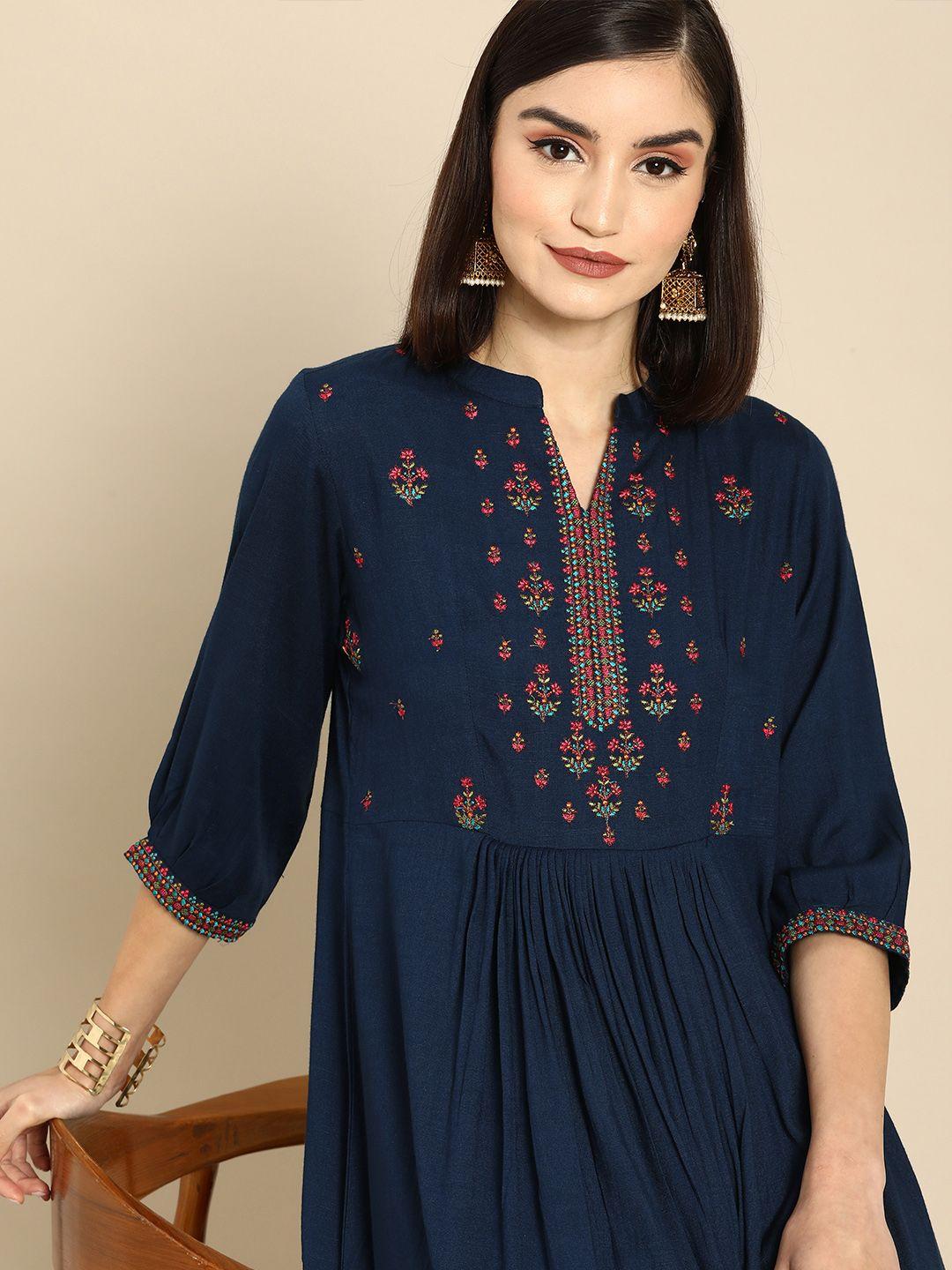 anouk navy blue ethnic motifs yoke embroidered a-line dress