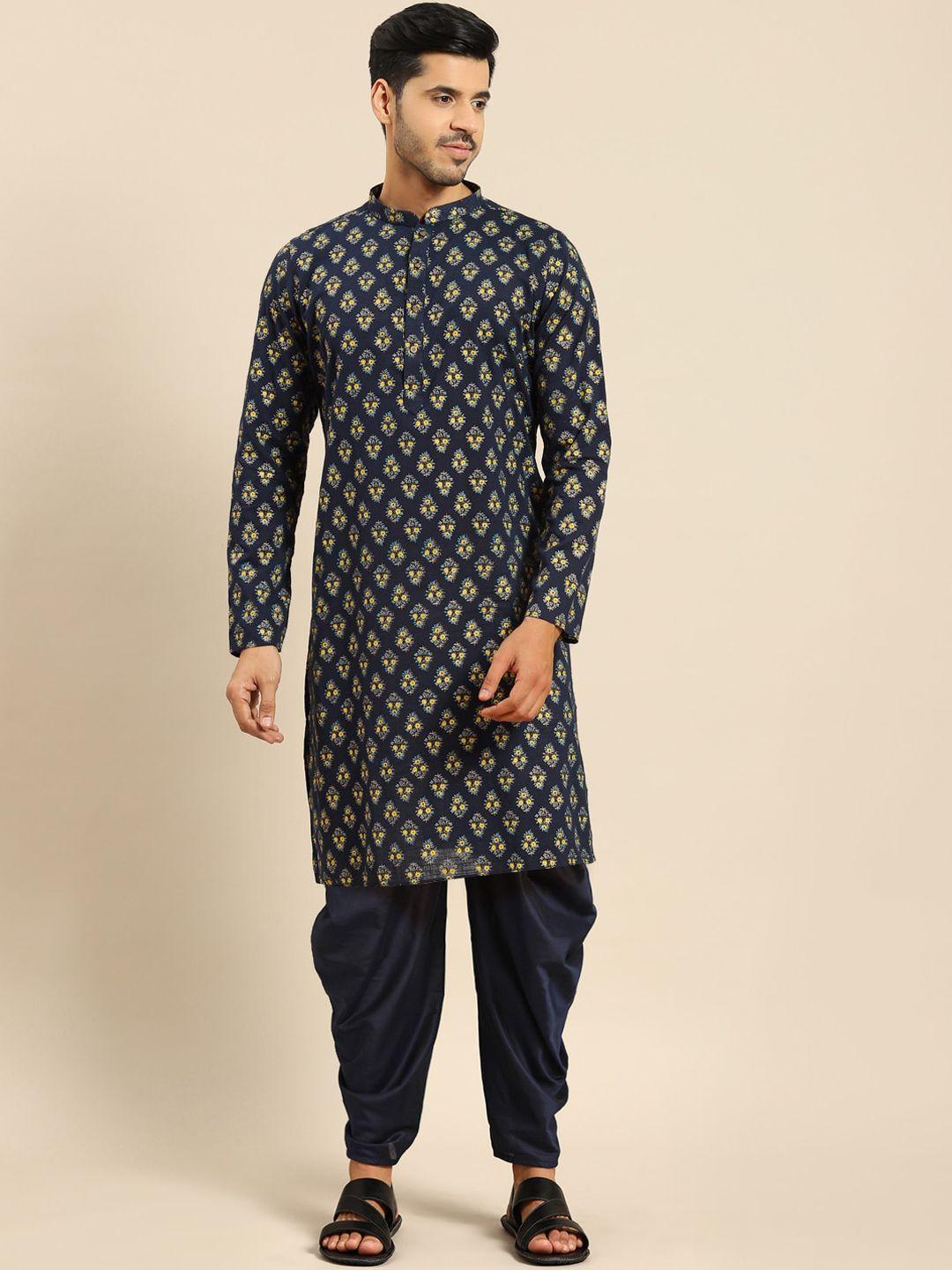 anouk navy blue floral printed regular straight kurta with dhoti pants