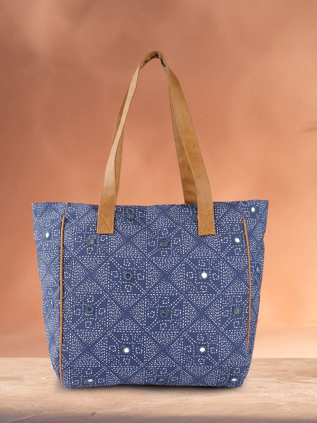 anouk navy blue geometric printed structured shoulder bag with mirror work