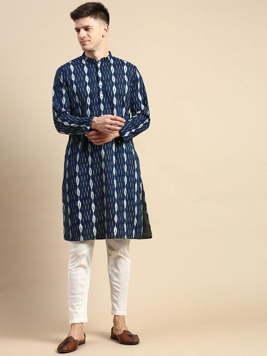 anouk navy blue striped mandarin collar straight kurta & churidar