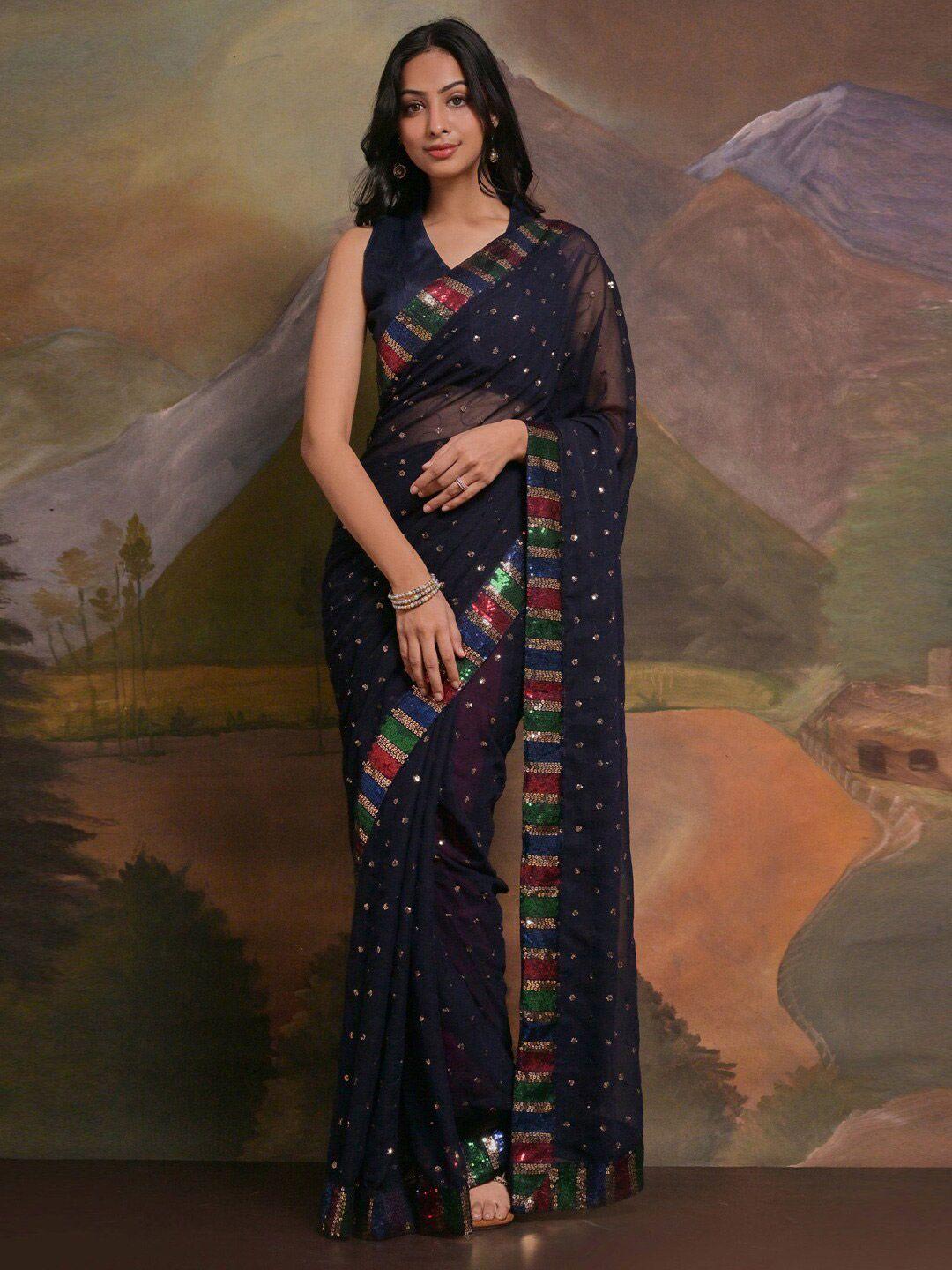 anouk navy blue woven design embellished sequinned pure georgette saree