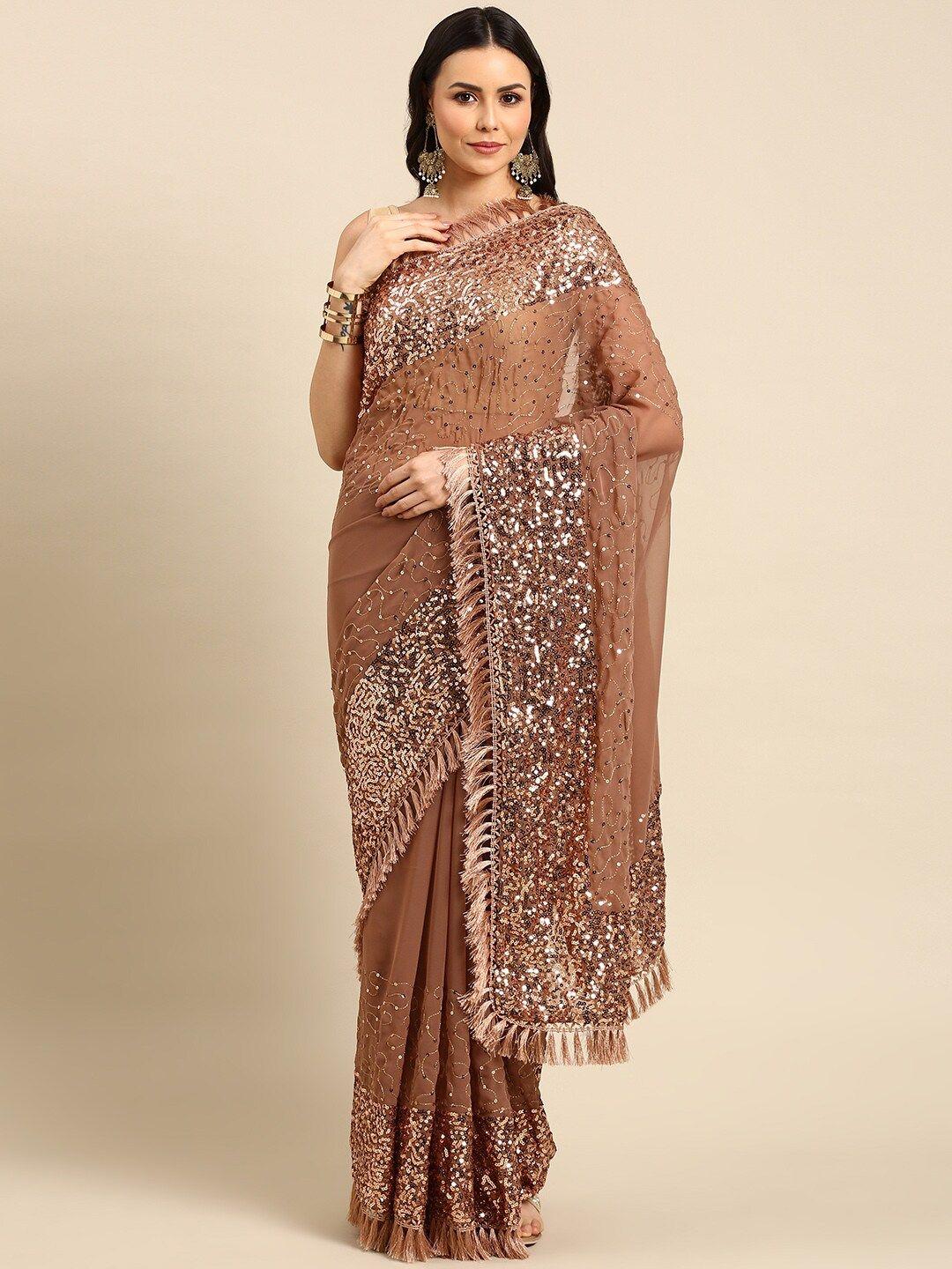 anouk nude-coloured & gold-toned sequin embellished pure georgette saree