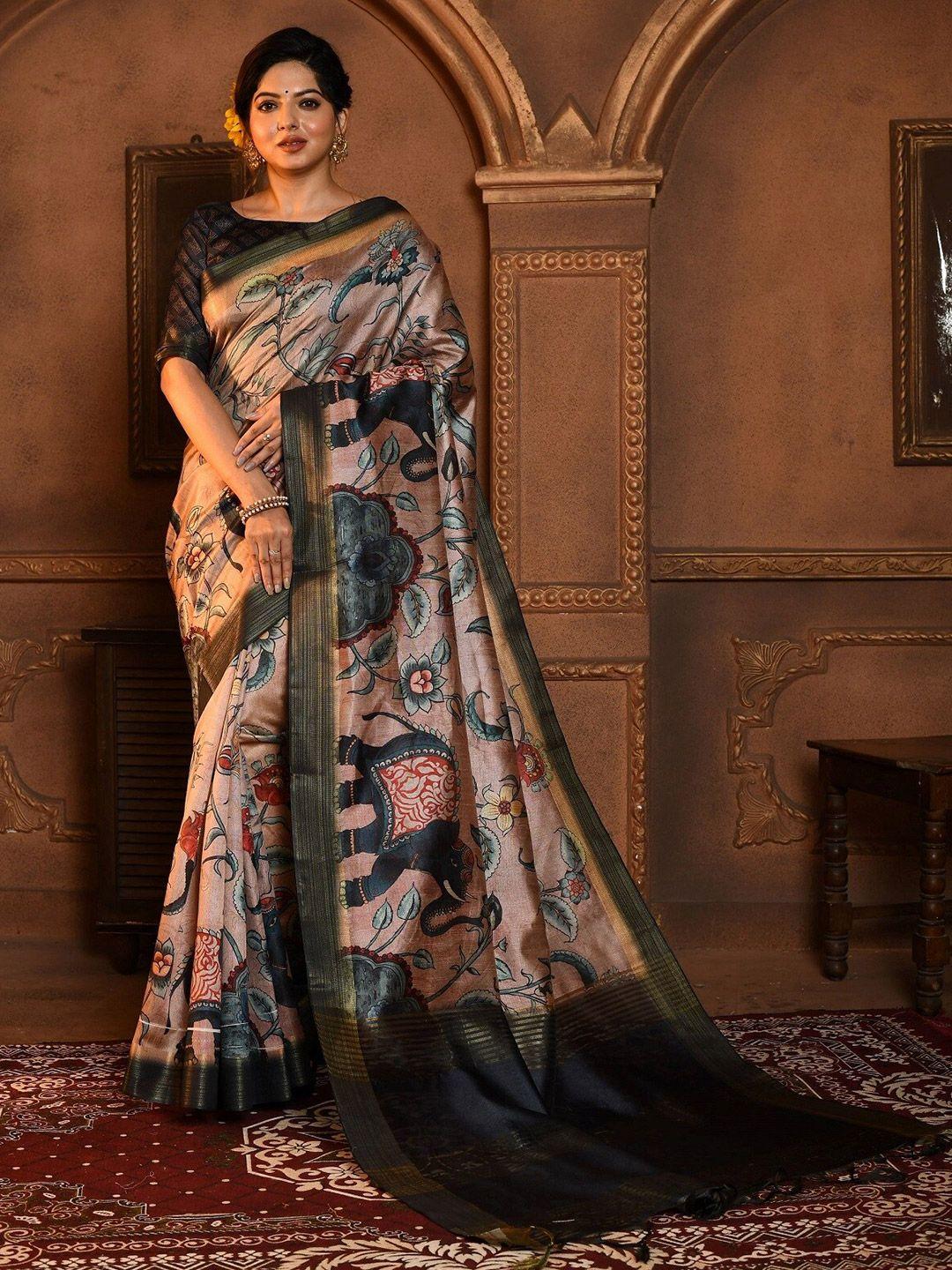 anouk nude floral printed zari banarasi saree