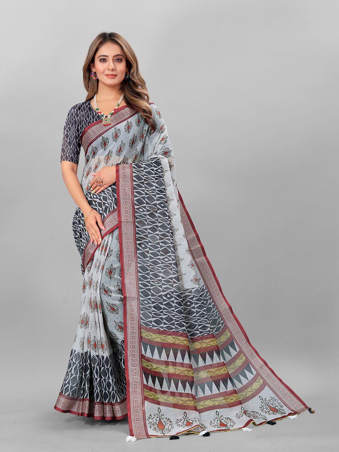 anouk off white & black ethnic motifs printed pure linen saree