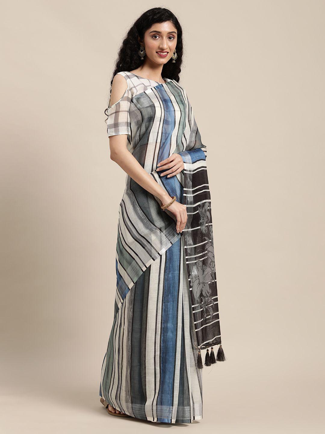 anouk off white & black striped pure linen work wear saree